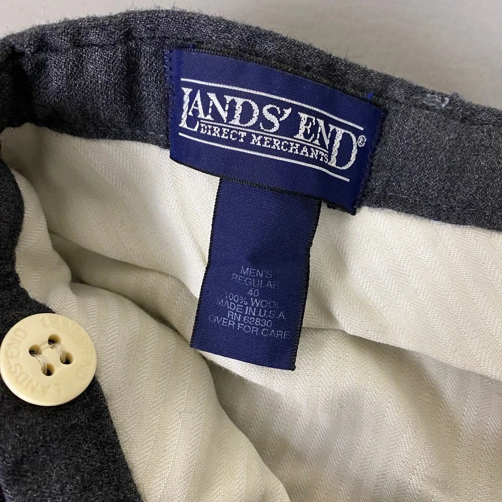 Lands End Wool Dress Pants Mens 40 (Fit 36) Gray Flat Front Slacks USA Vintage